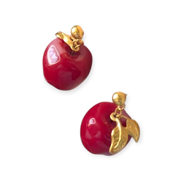 Vintage Avon Red Lucite Apple A Day Dangle Earrings Gold Tone - Picture 3 of 6